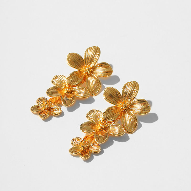 Three-Flower Gold Plated Earrings