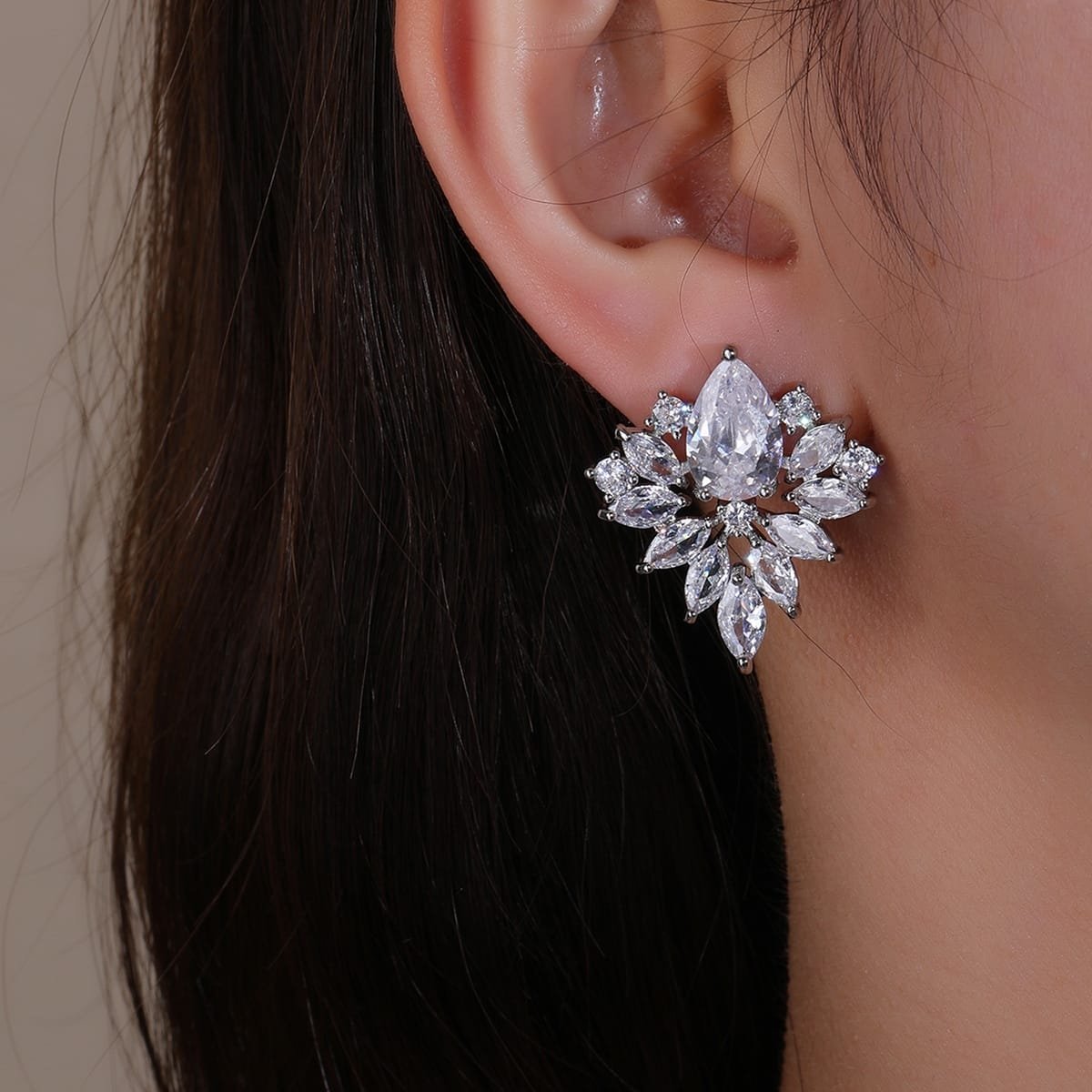 Silver Flowered Cubic Zirconia Earrings image 1