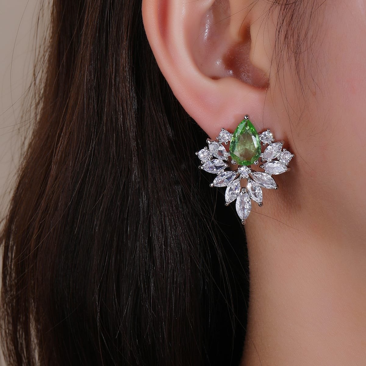 Green Flowered Cubic Zirconia Earrings image 1