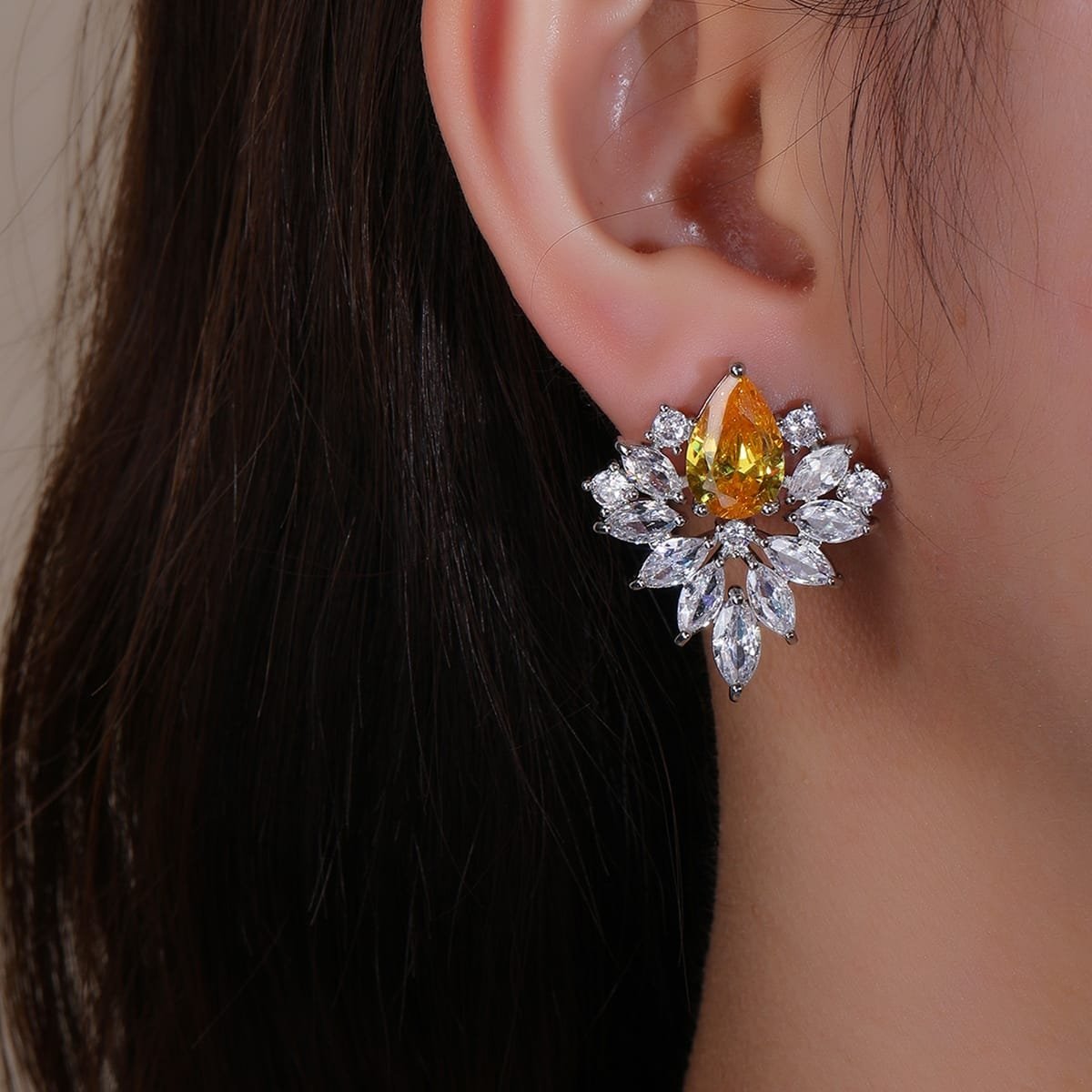 Yellow Flowered Cubic Zirconia Earrings image 1