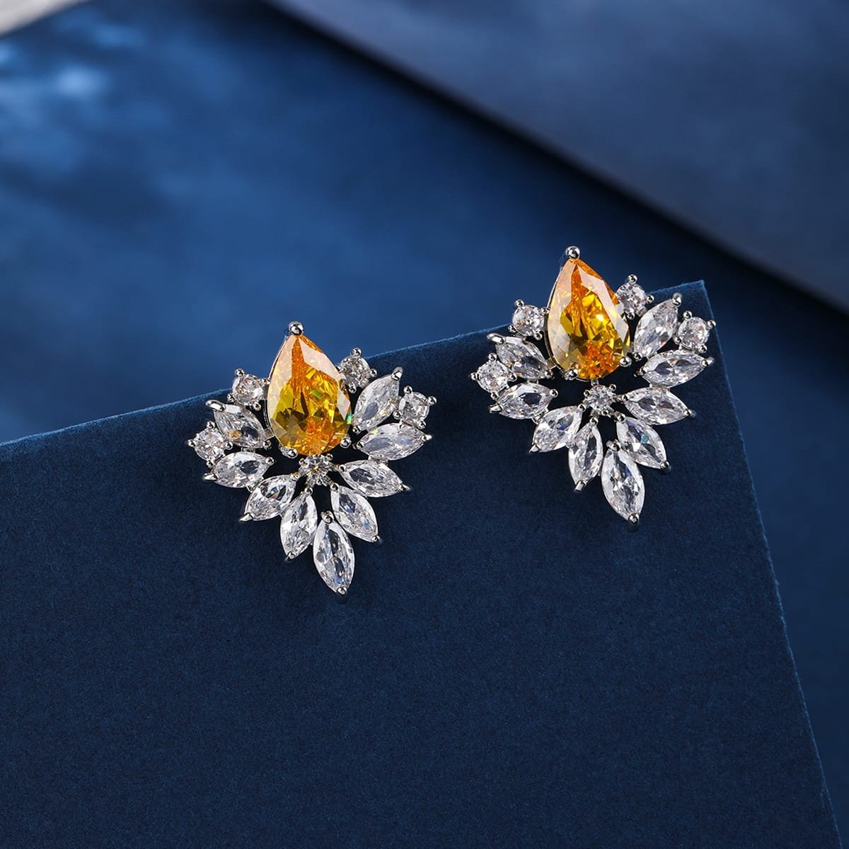 Yellow Flowered Cubic Zirconia Earrings image 0