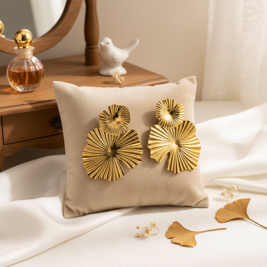 Flower Ginkgo Leaf Earrings in elegant setting